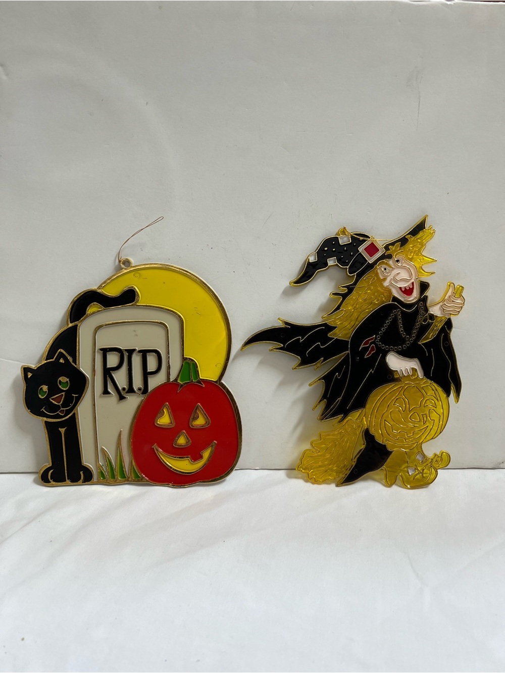 Molded Plastic Witch and Black Cat Pumpkin Set Of 2 Halloween Decor Hanging VTG